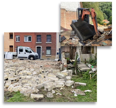 gravas après la démolition d'une maison à Liège et pelleteuse